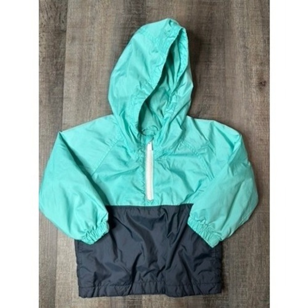 Old Navy Toddler Boys Teal Gray Colorblock Half Zip Hooded Windbreaker 18-24M